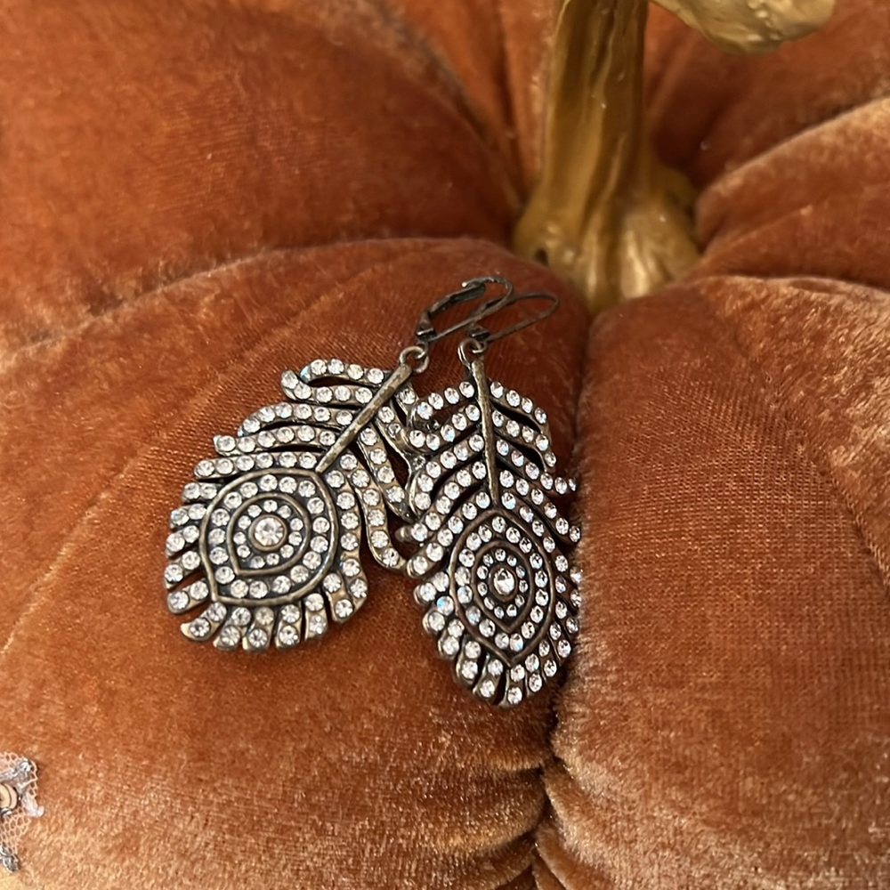 Rhinestone peacock feather earrings ~ for pierced ears